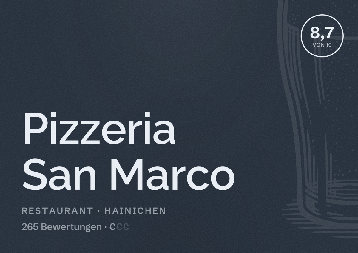 Illustriertes Poster von Pizzeria San Marco, Restaurant in Hainichen: Bewertung 8,7 von 10 aus 265 Bewertungen, Preisniveau €