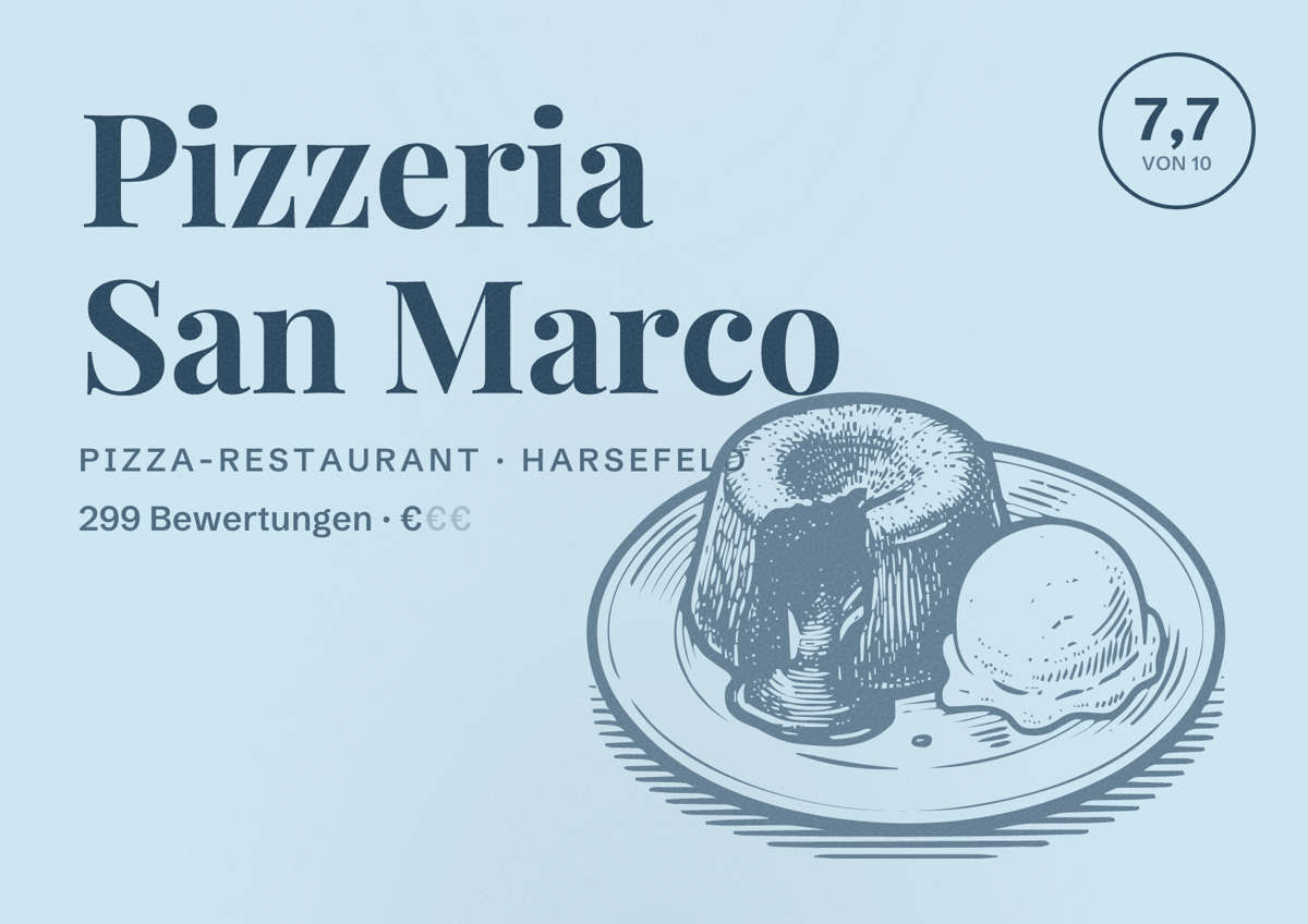 Illustriertes Poster von Pizzeria San Marco, Pizza-Restaurant in Harsefeld: Bewertung 7,7 von 10 aus 299 Bewertungen, Preisniveau €