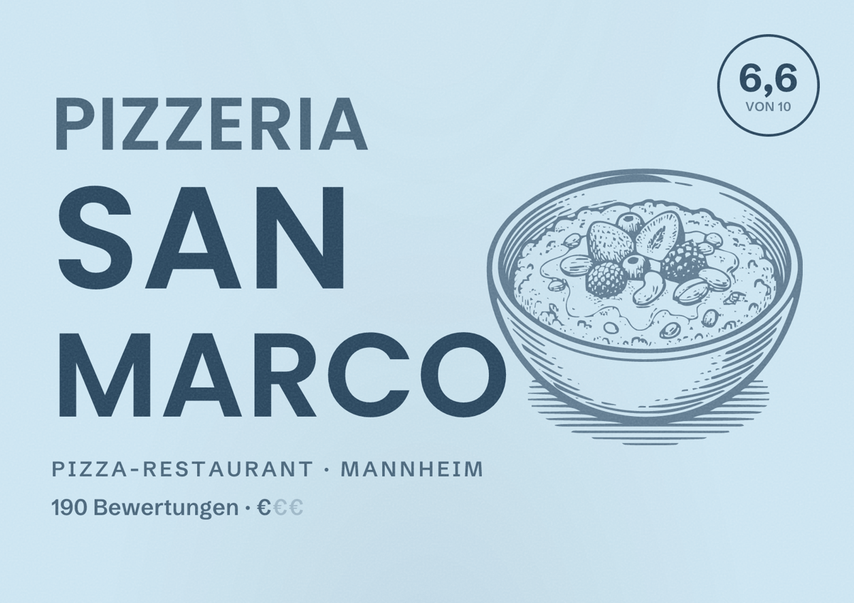 Illustriertes Poster von Pizzeria San Marco, Pizza-Restaurant in Mannheim: Bewertung 6,6 von 10 aus 190 Bewertungen, Preisniveau €