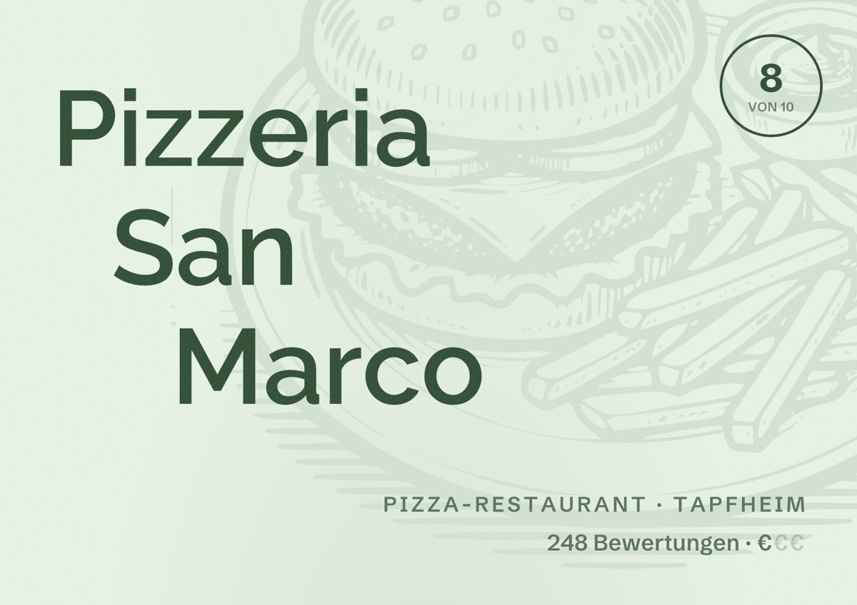 Illustriertes Poster von Pizzeria San Marco, Pizza-Restaurant in Tapfheim: Bewertung 8 von 10 aus 248 Bewertungen, Preisniveau €