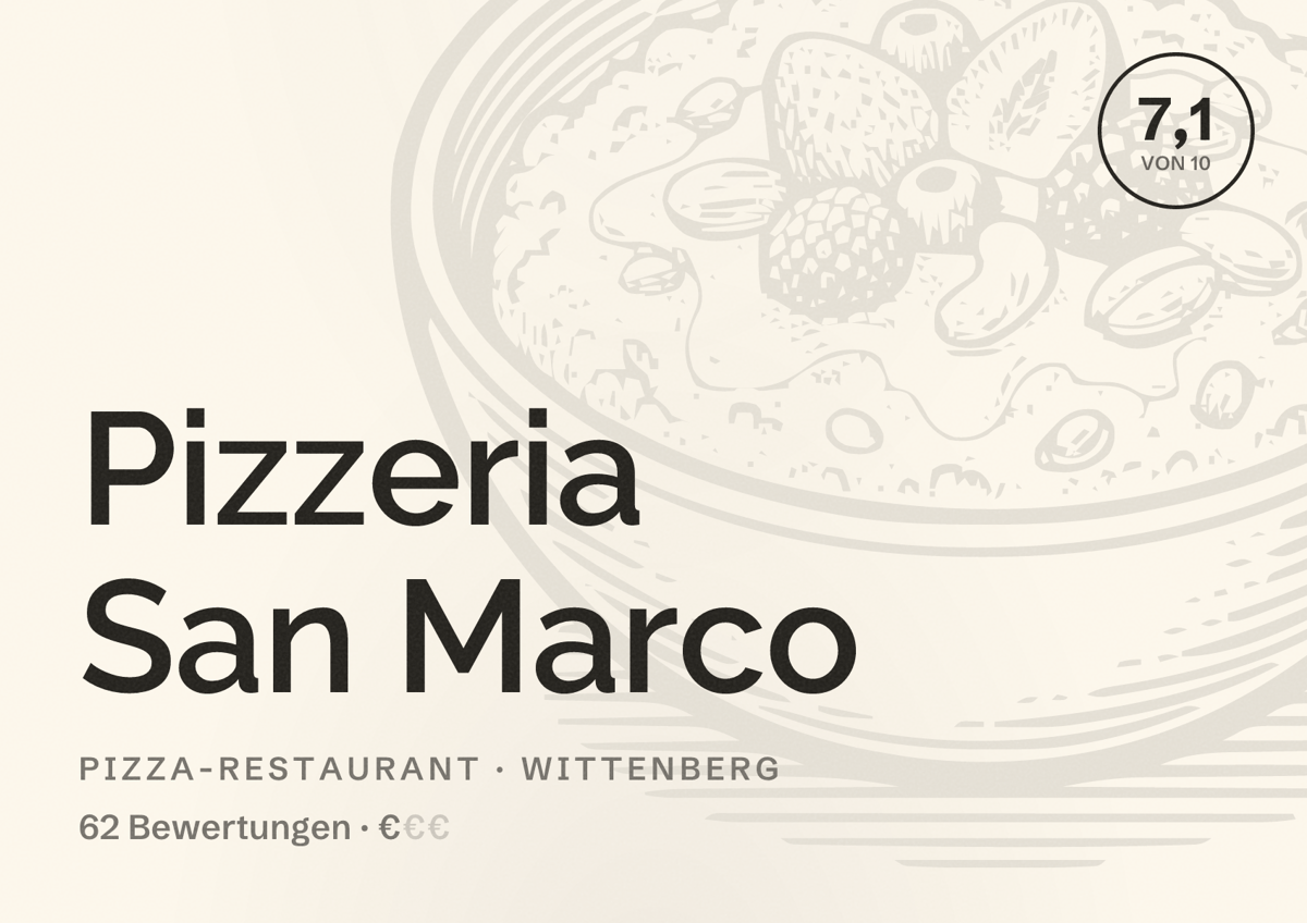 Illustriertes Poster von Pizzeria San Marco, Pizza-Restaurant in Wittenberg: Bewertung 7,1 von 10 aus 62 Bewertungen, Preisniveau €