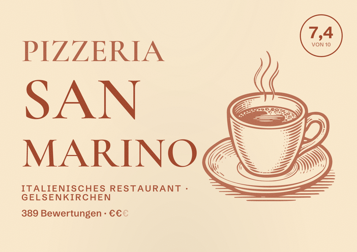 Illustriertes Poster von Pizzeria San Marino, Italienisches Restaurant in Gelsenkirchen: Bewertung 7,4 von 10 aus 389 Bewertungen, Preisniveau €€