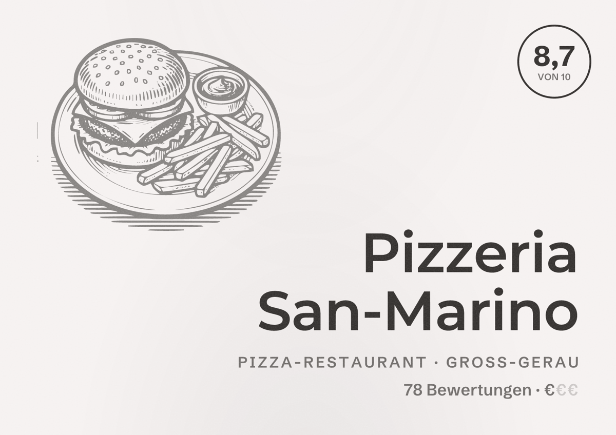 Illustriertes Poster von Pizzeria San-Marino, Pizza-Restaurant in Groß-Gerau: Bewertung 8,7 von 10 aus 78 Bewertungen, Preisniveau €