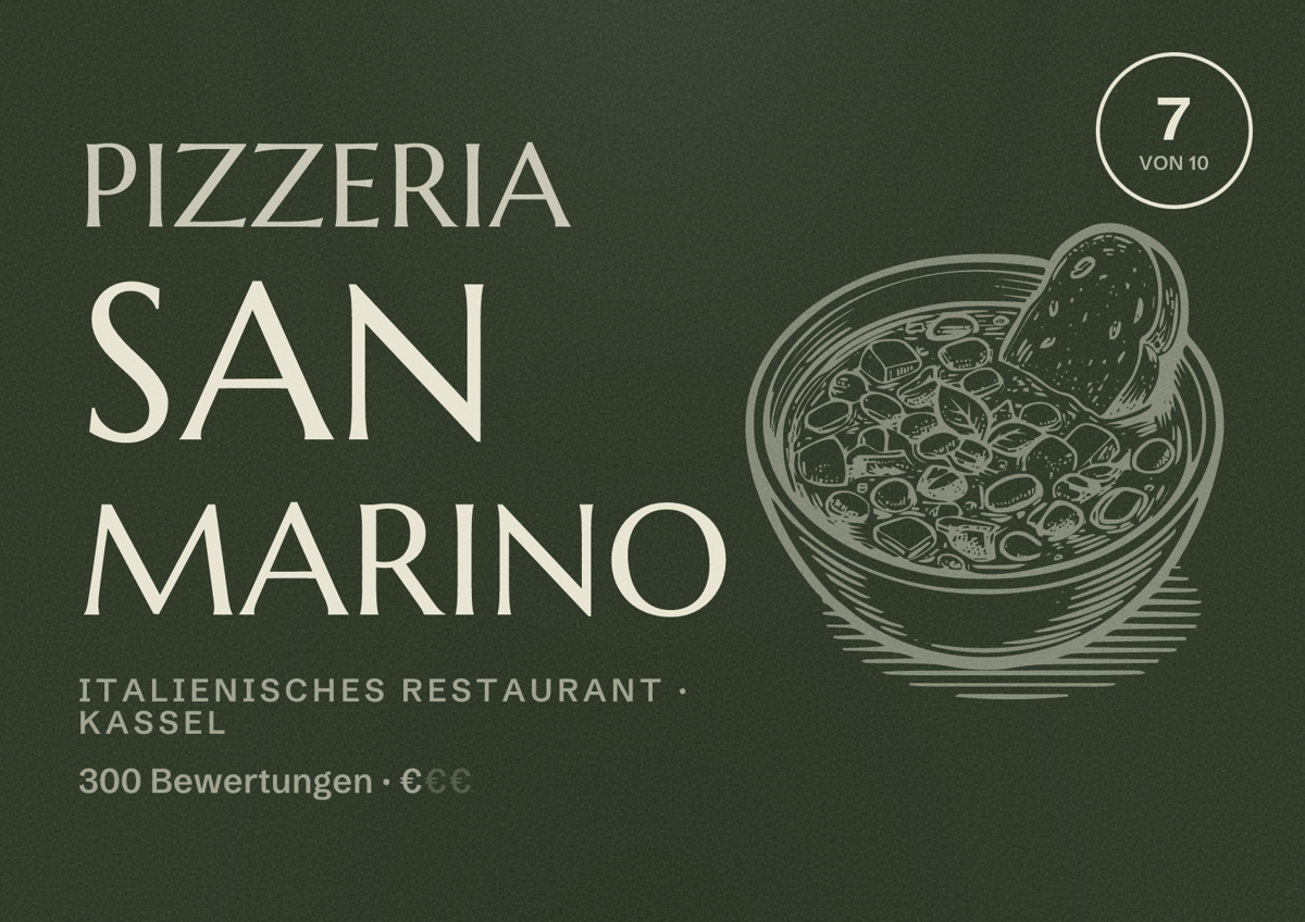 Illustriertes Poster von Pizzeria San Marino, Italienisches Restaurant in Kassel: Bewertung 7 von 10 aus 300 Bewertungen, Preisniveau €