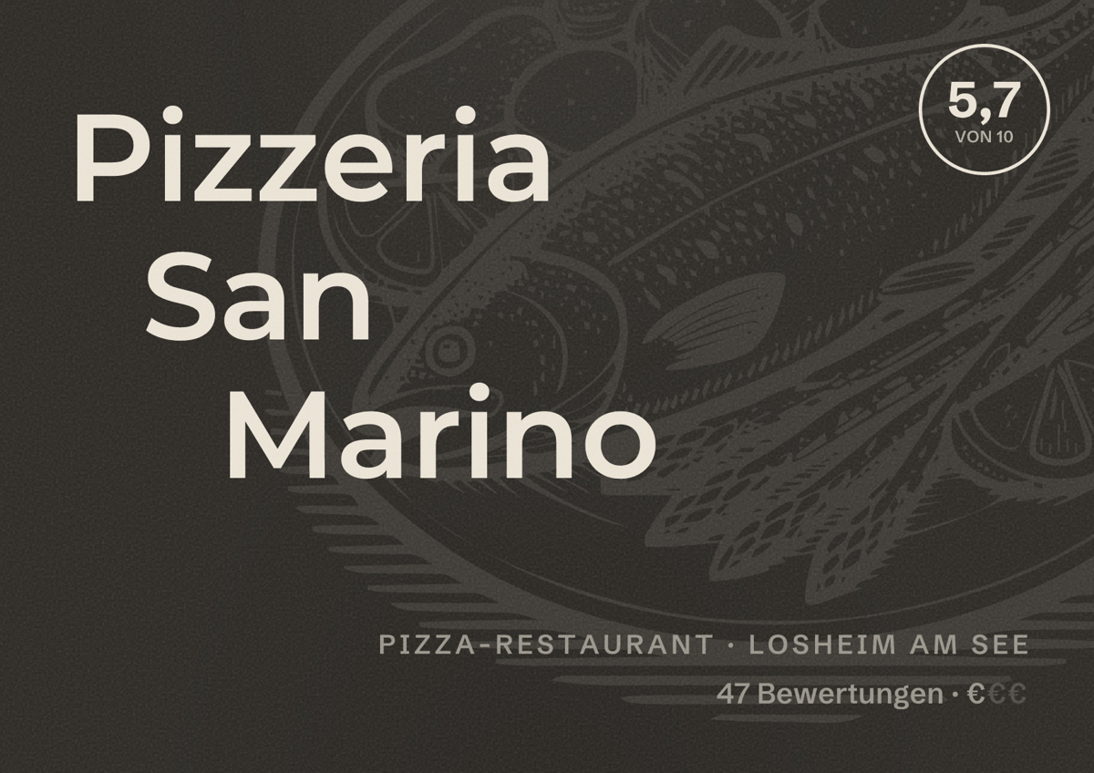 Illustriertes Poster von Pizzeria San Marino, Pizza-Restaurant in Losheim am See: Bewertung 5,7 von 10 aus 47 Bewertungen, Preisniveau €