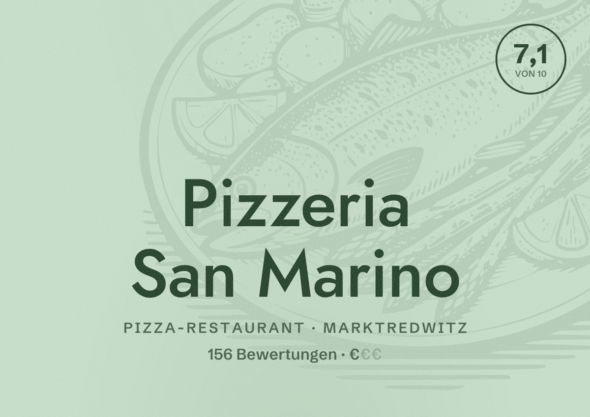 Illustriertes Poster von Pizzeria San Marino, Pizza-Restaurant in Marktredwitz: Bewertung 7,1 von 10 aus 156 Bewertungen, Preisniveau €
