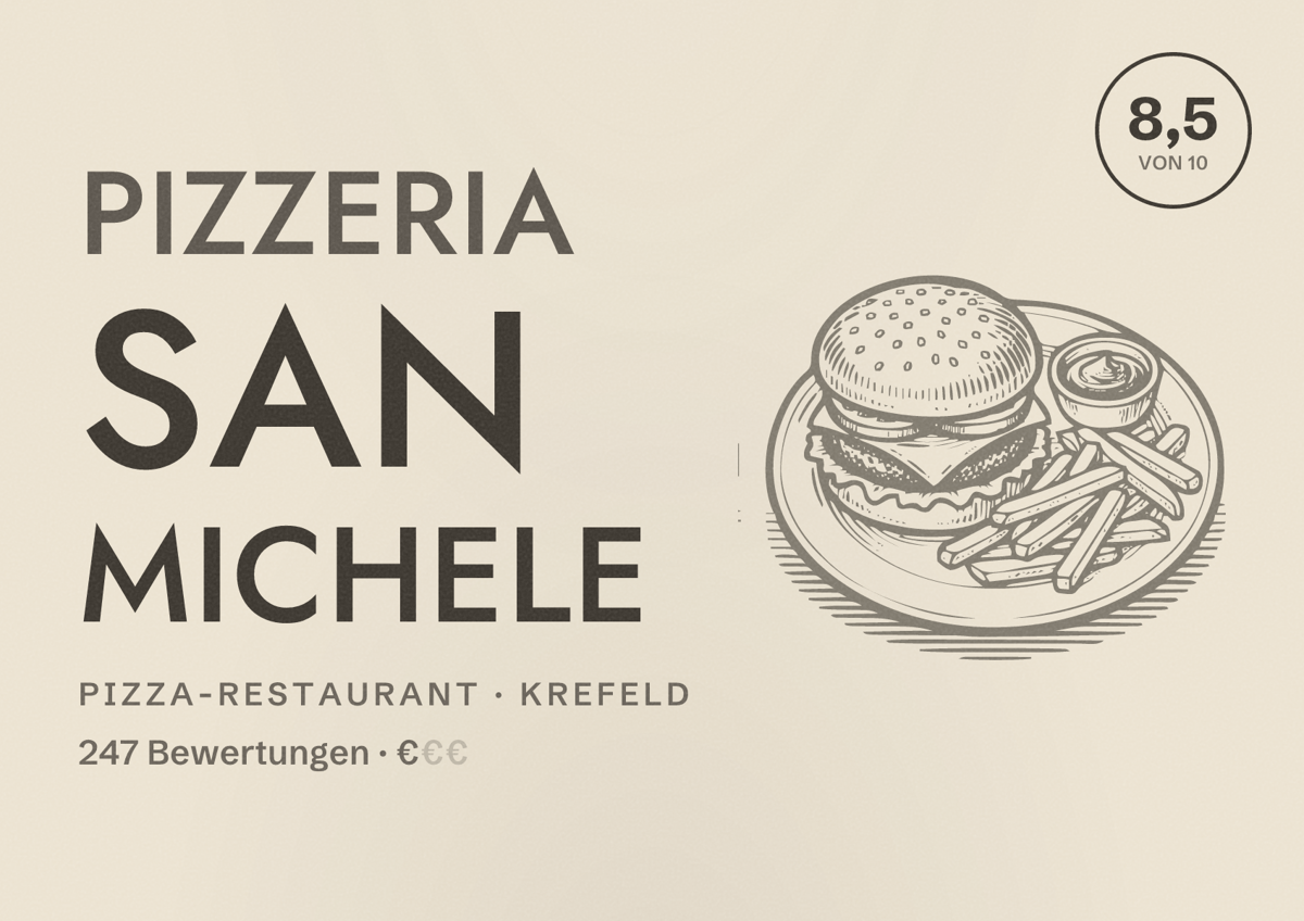 Illustriertes Poster von Pizzeria San Michele, Pizza-Restaurant in Krefeld: Bewertung 8,5 von 10 aus 247 Bewertungen, Preisniveau €