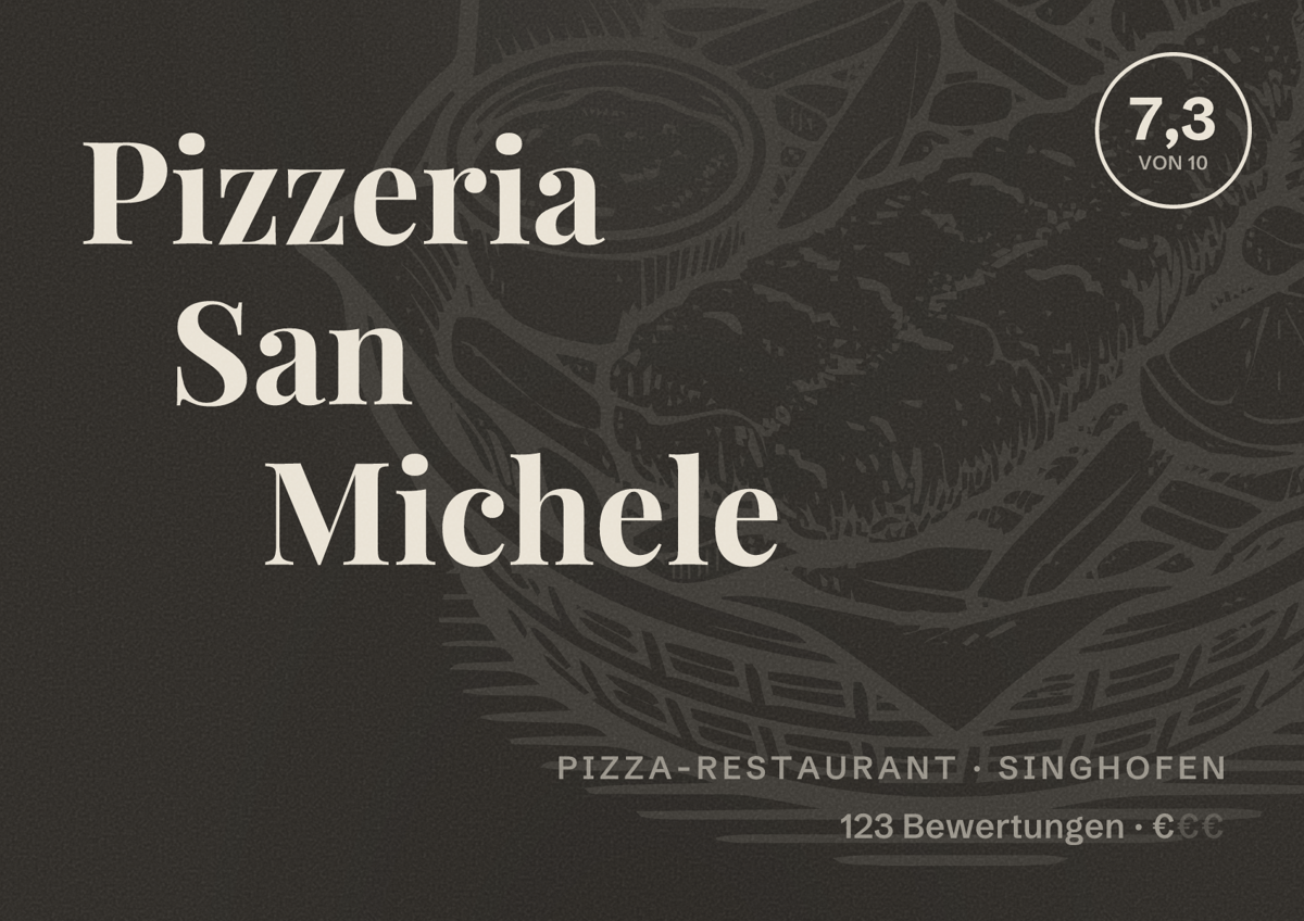 Illustriertes Poster von Pizzeria San Michele, Pizza-Restaurant in Singhofen: Bewertung 7,3 von 10 aus 123 Bewertungen, Preisniveau €