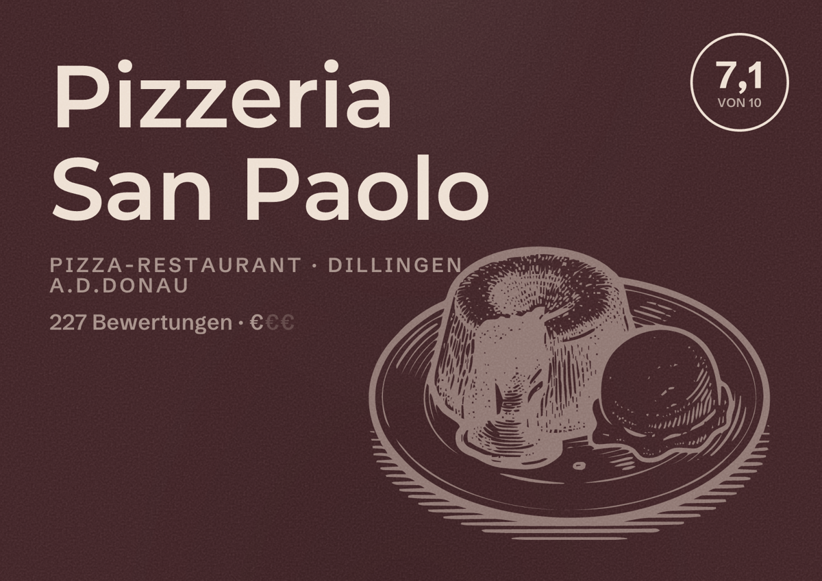 Illustriertes Poster von Pizzeria San Paolo, Pizza-Restaurant in Dillingen a.d.Donau: Bewertung 7,1 von 10 aus 227 Bewertungen, Preisniveau €