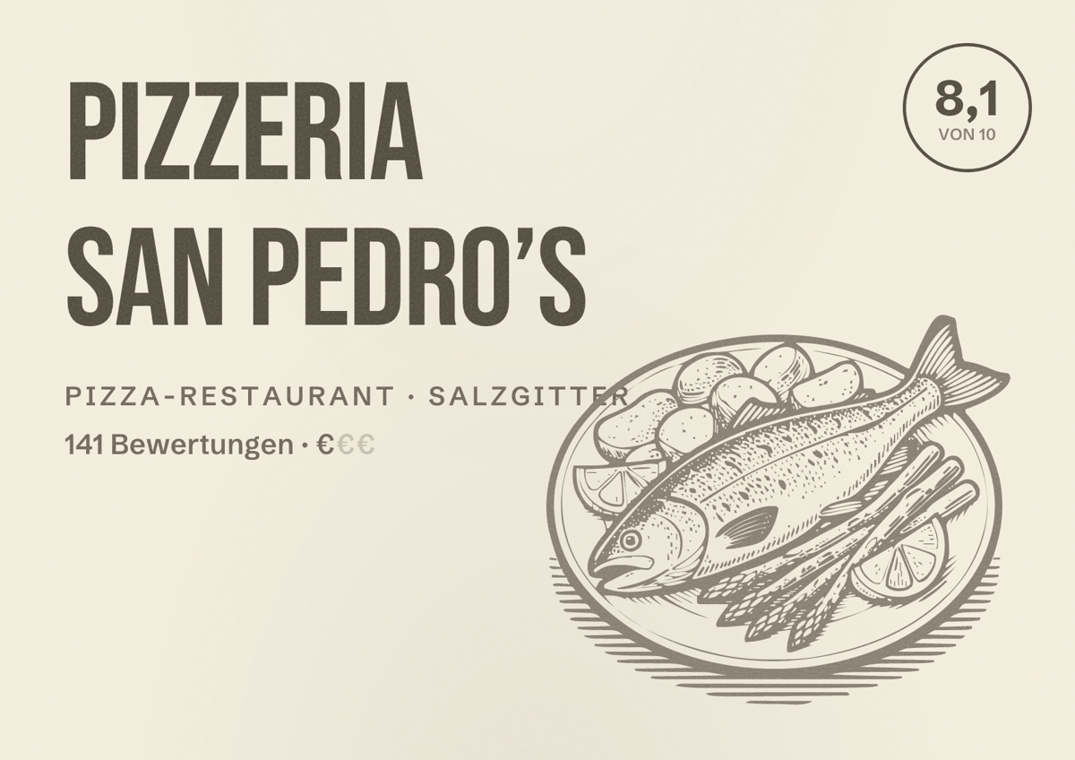 Illustriertes Poster von Pizzeria San Pedro’s, Pizza-Restaurant in Salzgitter: Bewertung 8,1 von 10 aus 141 Bewertungen, Preisniveau €