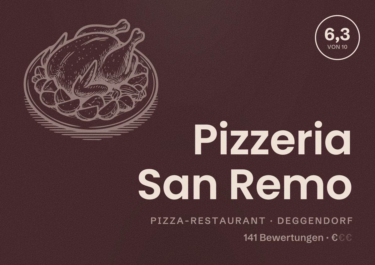 Illustriertes Poster von Pizzeria San Remo, Pizza-Restaurant in Deggendorf: Bewertung 6,3 von 10 aus 141 Bewertungen, Preisniveau €