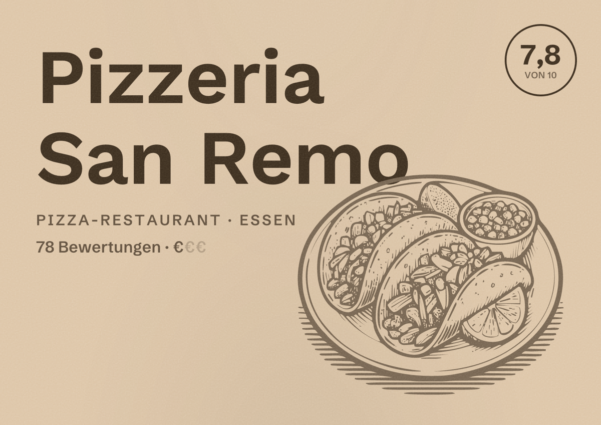 Illustriertes Poster von Pizzeria San Remo, Pizza-Restaurant in Essen: Bewertung 7,8 von 10 aus 78 Bewertungen, Preisniveau €