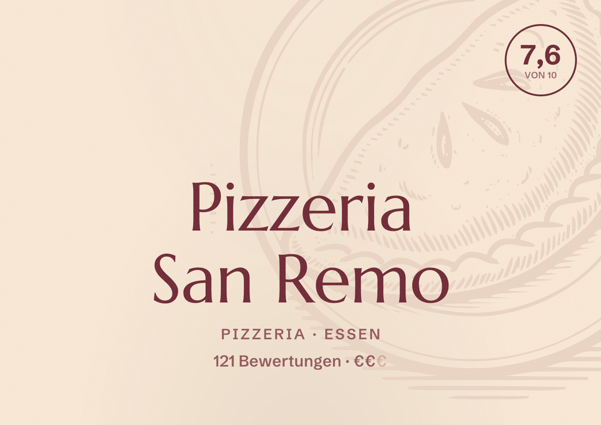 Illustriertes Poster von Pizzeria San Remo, Pizzeria in Essen: Bewertung 7,6 von 10 aus 121 Bewertungen, Preisniveau €€