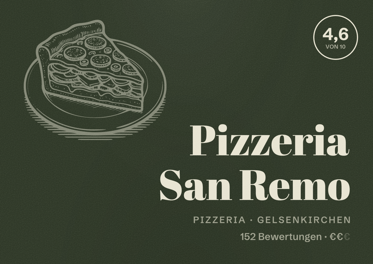 Illustriertes Poster von Pizzeria San Remo, Pizzeria in Gelsenkirchen: Bewertung 4,6 von 10 aus 152 Bewertungen, Preisniveau €€