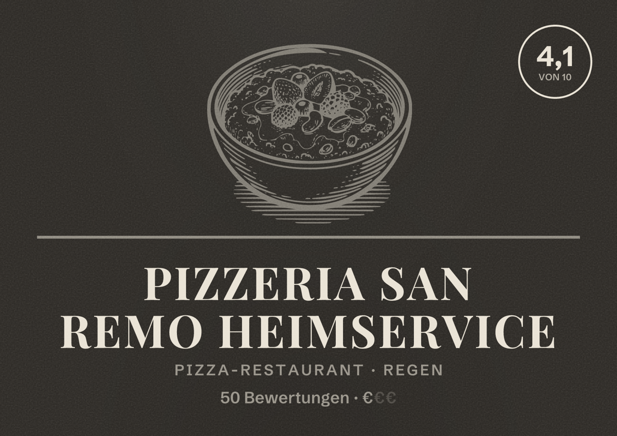 Illustriertes Poster von Pizzeria San Remo Heimservice, Pizza-Restaurant in Regen: Bewertung 4,1 von 10 aus 50 Bewertungen, Preisniveau €