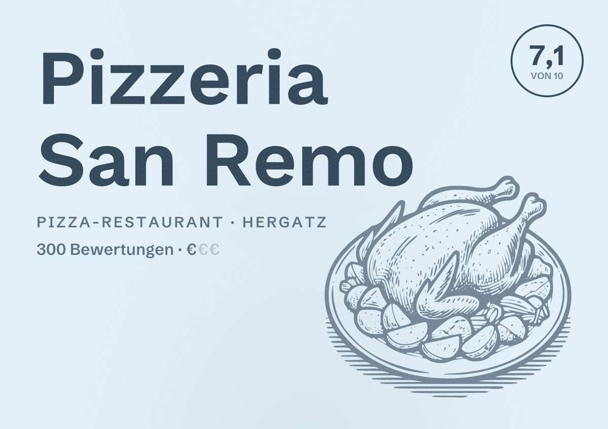 Illustriertes Poster von Pizzeria San Remo, Pizza-Restaurant in Hergatz: Bewertung 7,1 von 10 aus 300 Bewertungen, Preisniveau €