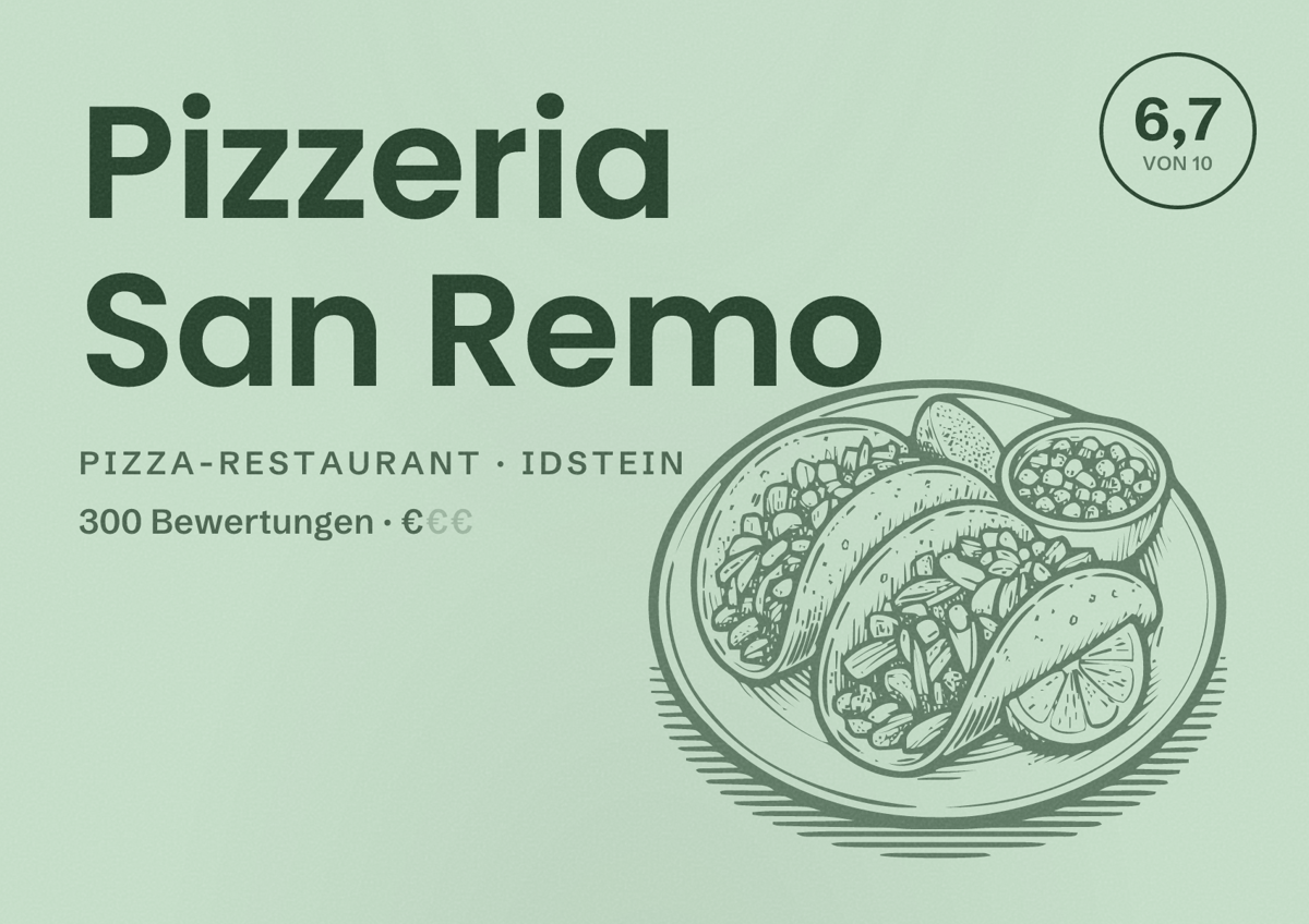 Illustriertes Poster von Pizzeria San Remo, Pizza-Restaurant in Idstein: Bewertung 6,7 von 10 aus 300 Bewertungen, Preisniveau €