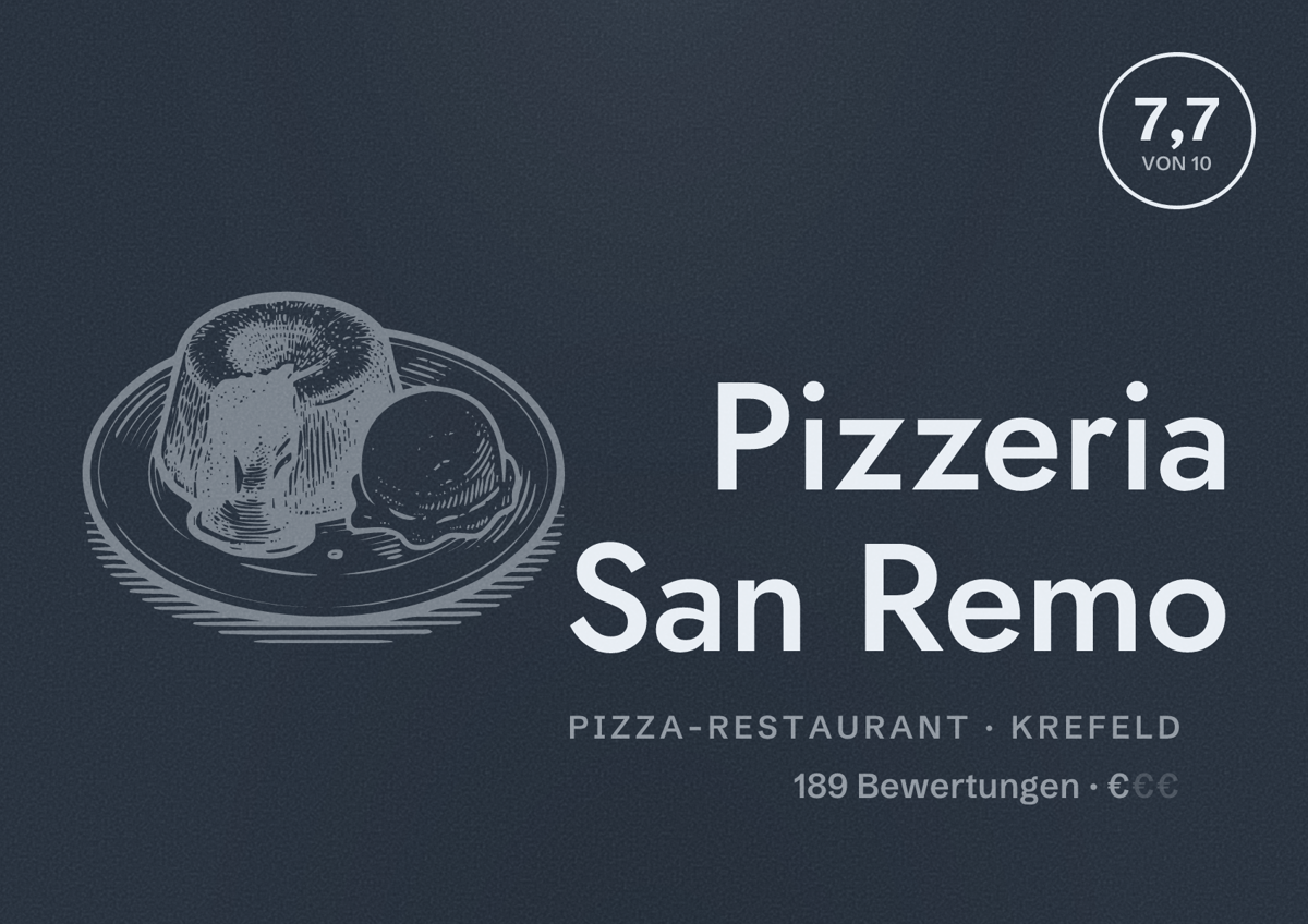 Illustriertes Poster von Pizzeria San Remo, Pizza-Restaurant in Krefeld: Bewertung 7,7 von 10 aus 189 Bewertungen, Preisniveau €