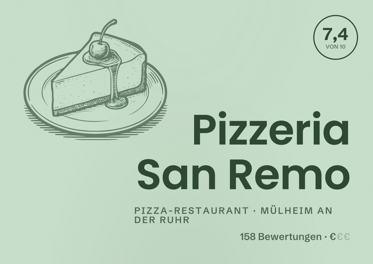 Illustriertes Poster von Pizzeria San Remo, Pizza-Restaurant in Mülheim an der Ruhr: Bewertung 7,4 von 10 aus 158 Bewertungen, Preisniveau €