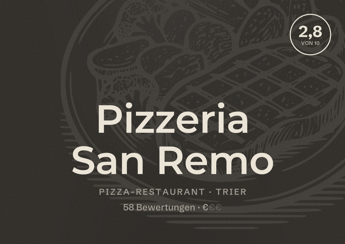 Illustriertes Poster von Pizzeria San Remo, Pizza-Restaurant in Trier: Bewertung 2,8 von 10 aus 58 Bewertungen, Preisniveau €