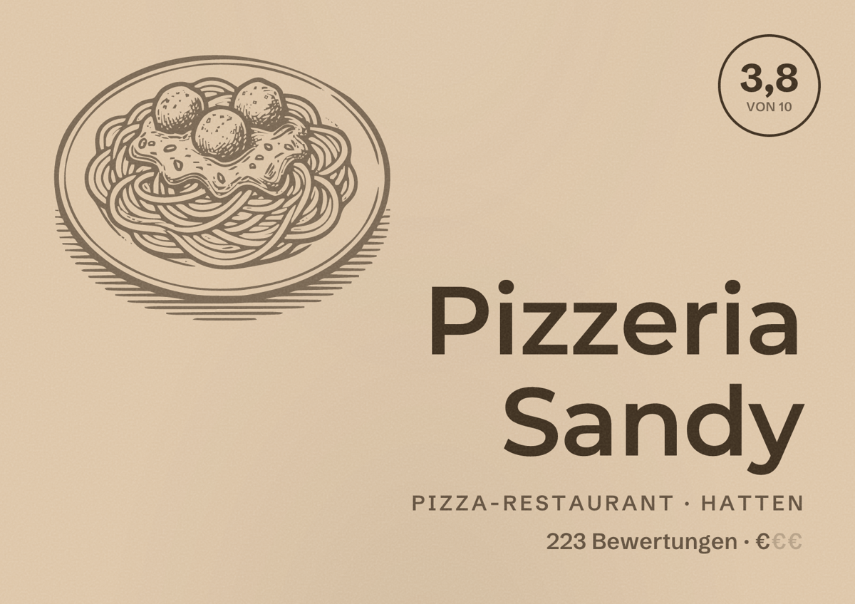 Illustriertes Poster von Pizzeria Sandy, Pizza-Restaurant in Hatten: Bewertung 3,8 von 10 aus 223 Bewertungen, Preisniveau €