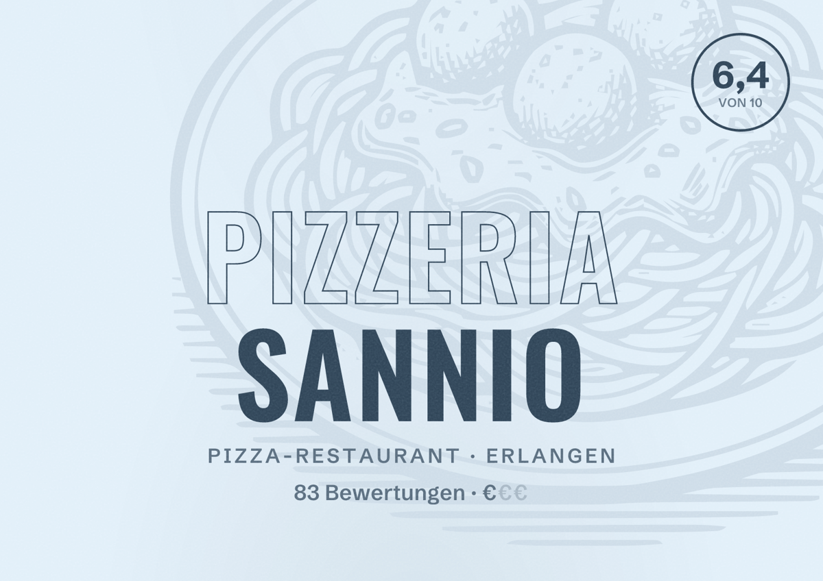 Illustriertes Poster von Pizzeria Sannio, Pizza-Restaurant in Erlangen: Bewertung 6,4 von 10 aus 83 Bewertungen, Preisniveau €
