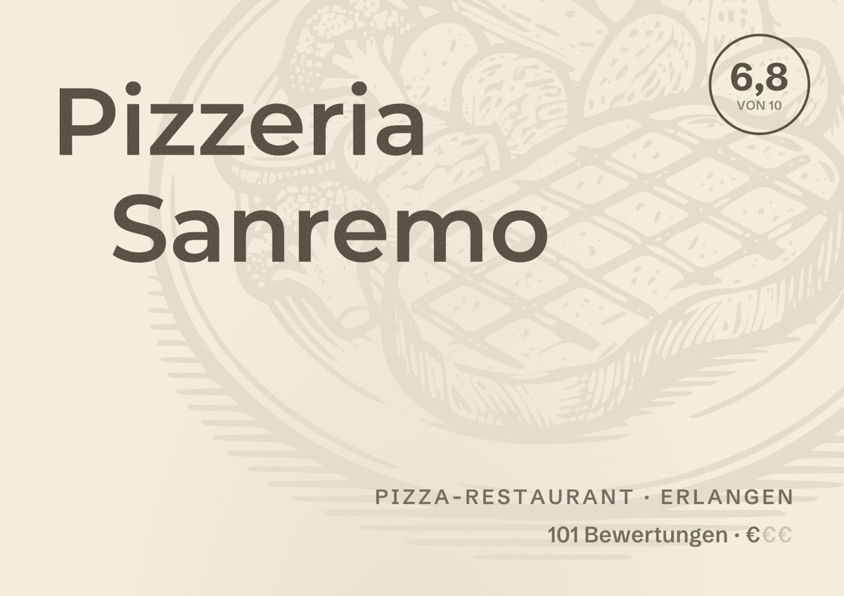 Illustriertes Poster von Pizzeria Sanremo, Pizza-Restaurant in Erlangen: Bewertung 6,8 von 10 aus 101 Bewertungen, Preisniveau €