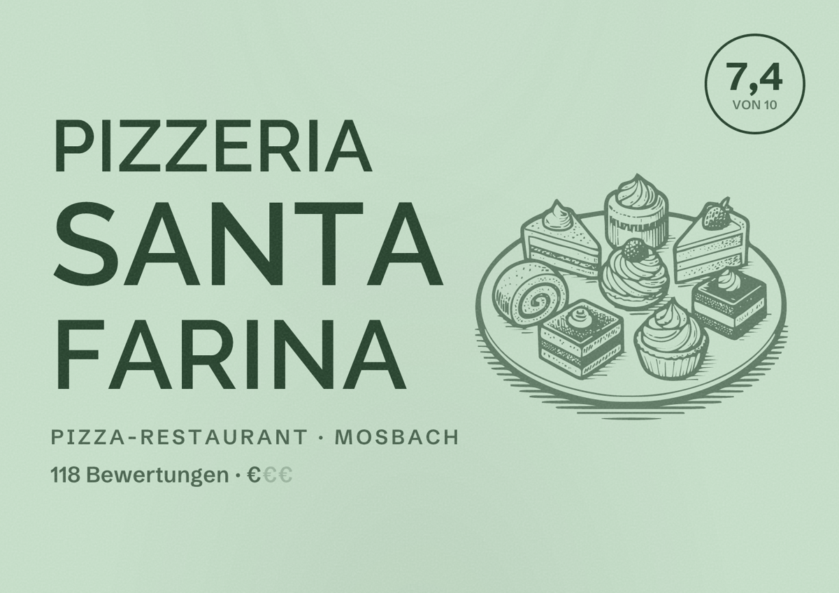 Illustriertes Poster von Pizzeria Santa Farina, Pizza-Restaurant in Mosbach: Bewertung 7,4 von 10 aus 118 Bewertungen, Preisniveau €