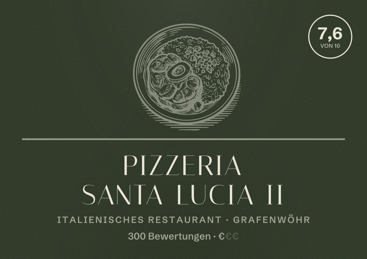 Illustriertes Poster von Pizzeria Santa Lucia II, Italienisches Restaurant in Grafenwöhr: Bewertung 7,6 von 10 aus 300 Bewertungen, Preisniveau €