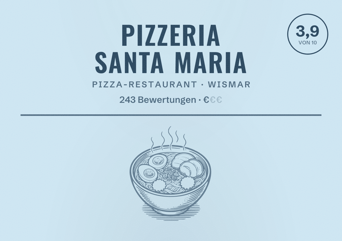 Illustriertes Poster von Pizzeria Santa Maria, Pizza-Restaurant in Wismar: Bewertung 3,9 von 10 aus 243 Bewertungen, Preisniveau €