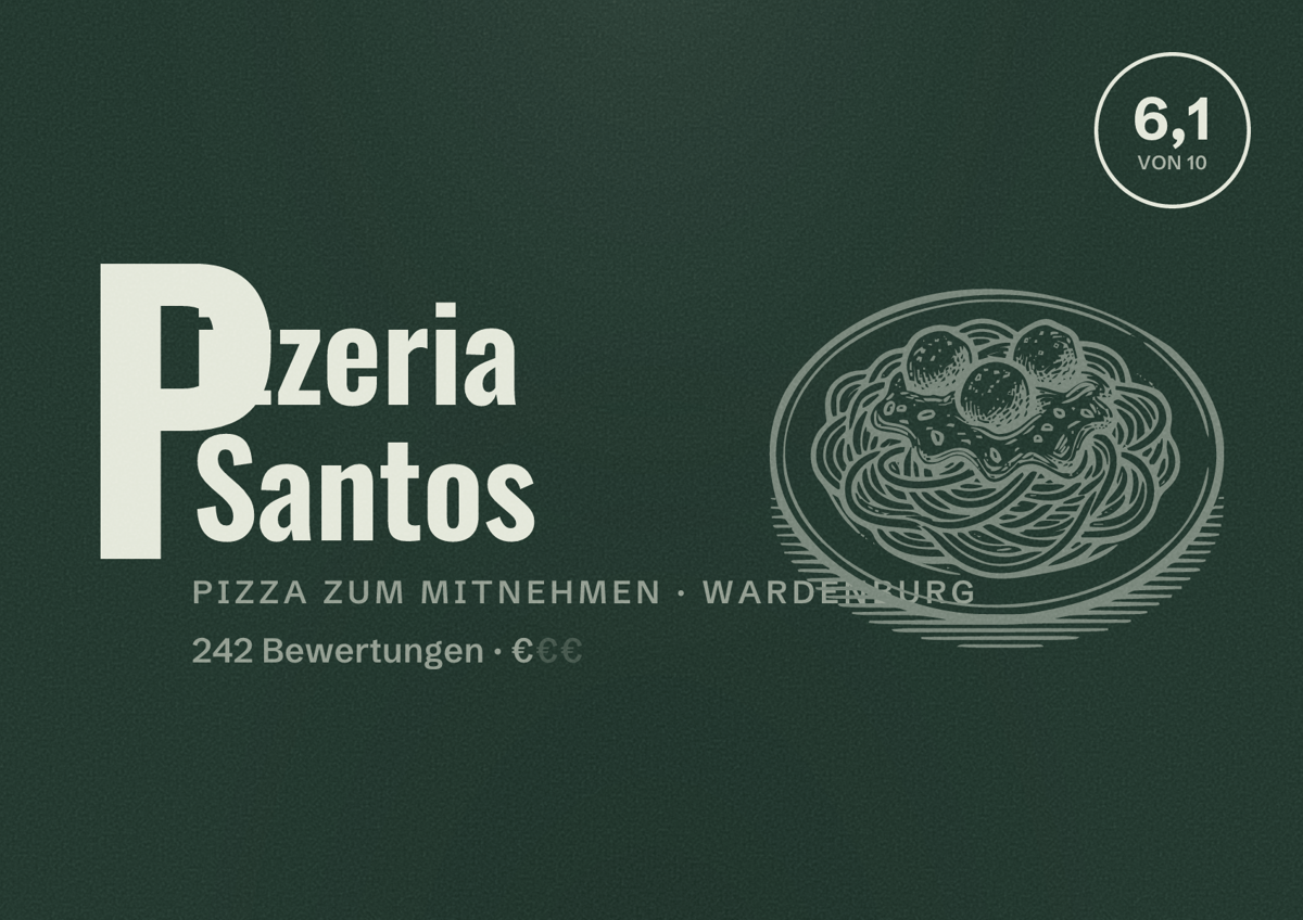 Illustriertes Poster von Pizzeria Santos, Pizza zum Mitnehmen in Wardenburg: Bewertung 6,1 von 10 aus 242 Bewertungen, Preisniveau €