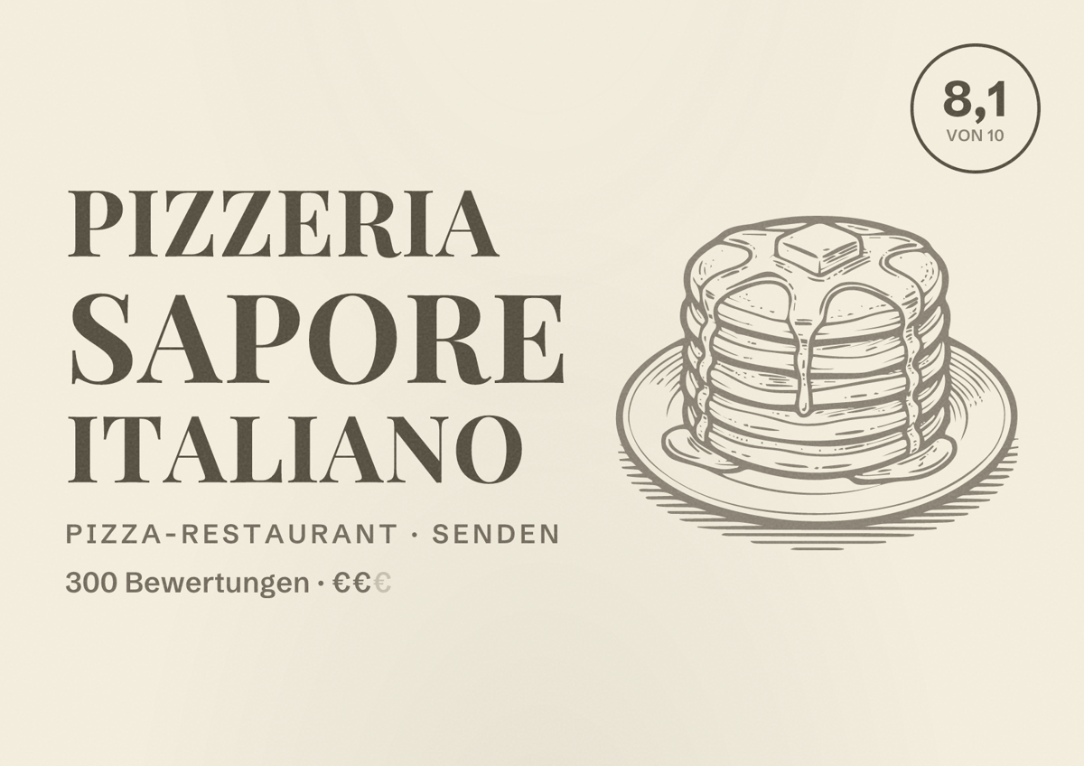 Illustriertes Poster von Pizzeria Sapore Italiano, Pizza-Restaurant in Senden: Bewertung 8,1 von 10 aus 300 Bewertungen, Preisniveau €€