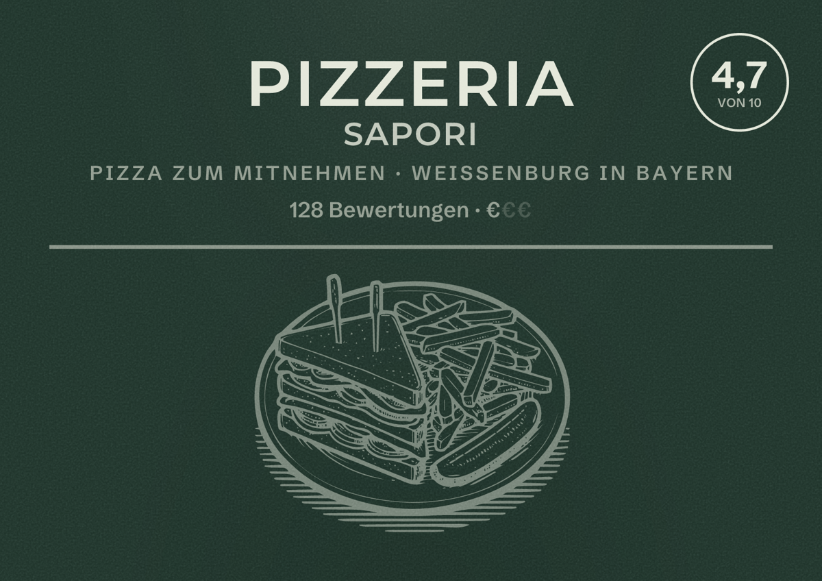 Illustriertes Poster von Pizzeria Sapori, Pizza zum Mitnehmen in Weißenburg in Bayern: Bewertung 4,7 von 10 aus 128 Bewertungen, Preisniveau €