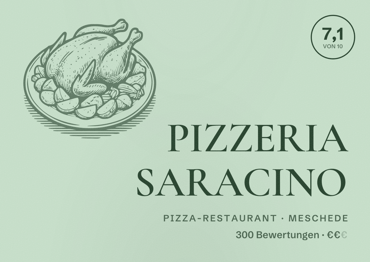 Illustriertes Poster von PIZZERIA SARACINO, Pizza-Restaurant in Meschede: Bewertung 7,1 von 10 aus 300 Bewertungen, Preisniveau €€