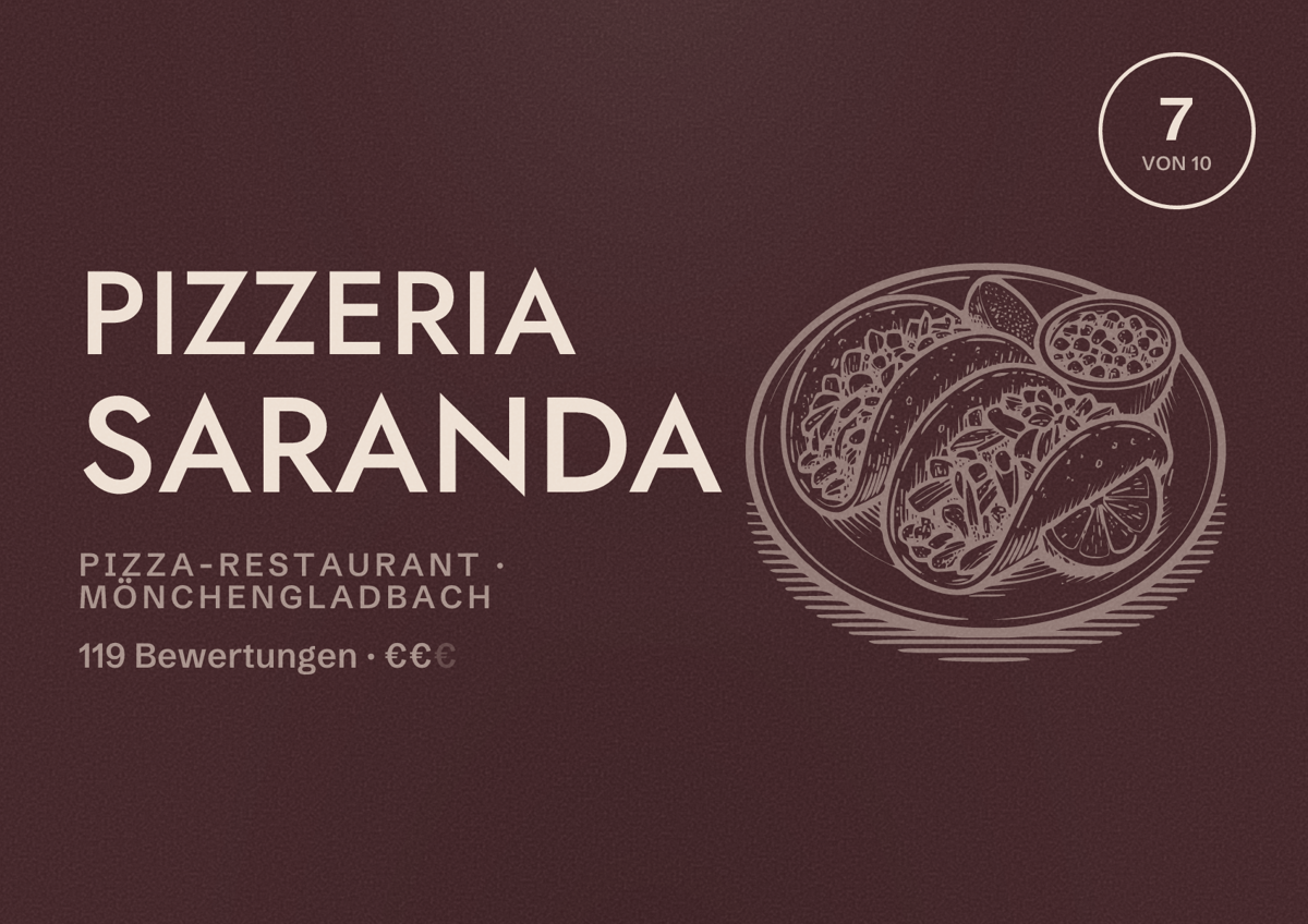 Illustriertes Poster von Pizzeria Saranda, Pizza-Restaurant in Mönchengladbach: Bewertung 7 von 10 aus 119 Bewertungen, Preisniveau €€