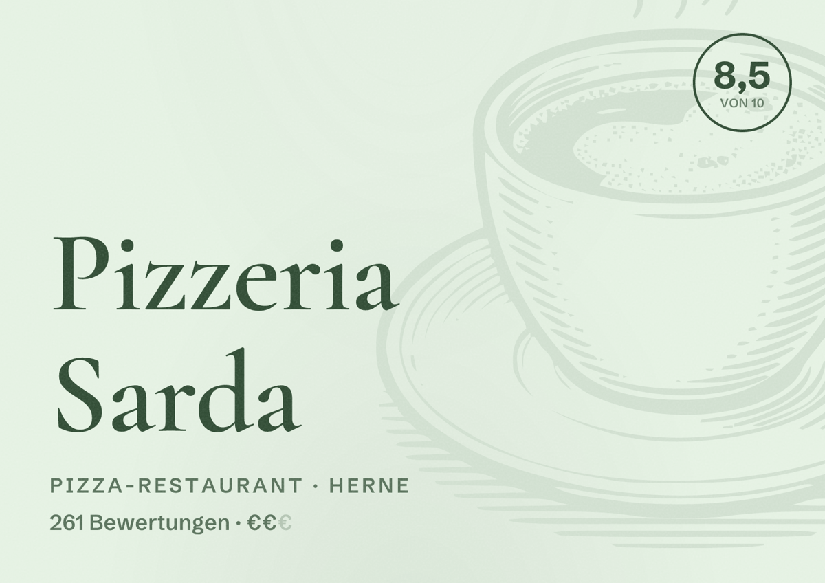 Illustriertes Poster von Pizzeria Sarda, Pizza-Restaurant in Herne: Bewertung 8,5 von 10 aus 261 Bewertungen, Preisniveau €€