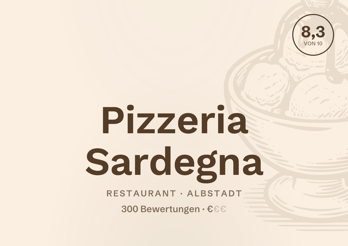 Illustriertes Poster von Pizzeria Sardegna, Restaurant in Albstadt: Bewertung 8,3 von 10 aus 300 Bewertungen, Preisniveau €