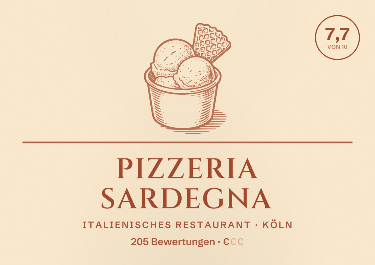 Illustriertes Poster von Pizzeria Sardegna, Italienisches Restaurant in Köln: Bewertung 7,7 von 10 aus 205 Bewertungen, Preisniveau €