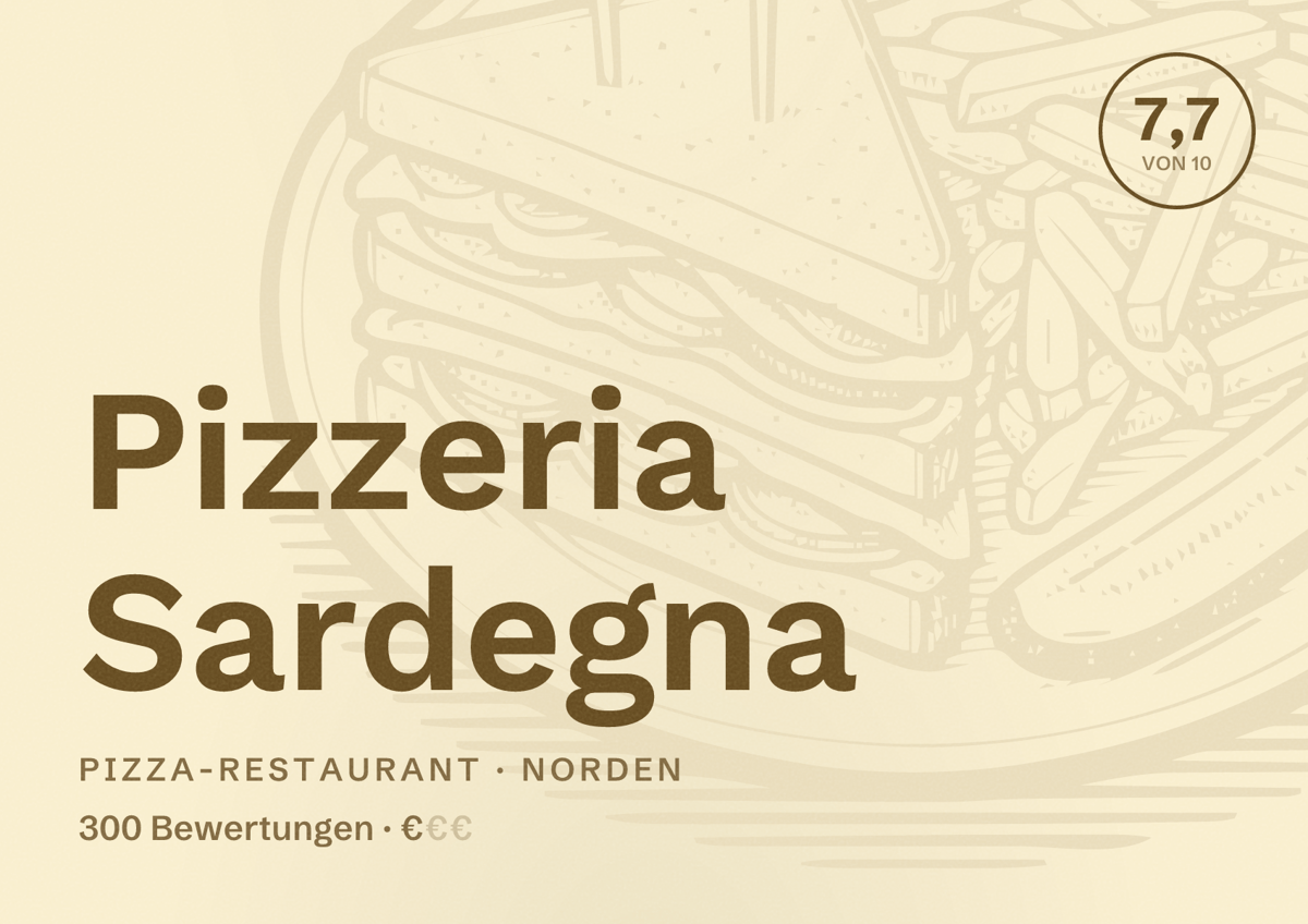 Illustriertes Poster von Pizzeria Sardegna, Pizza-Restaurant in Norden: Bewertung 7,7 von 10 aus 300 Bewertungen, Preisniveau €