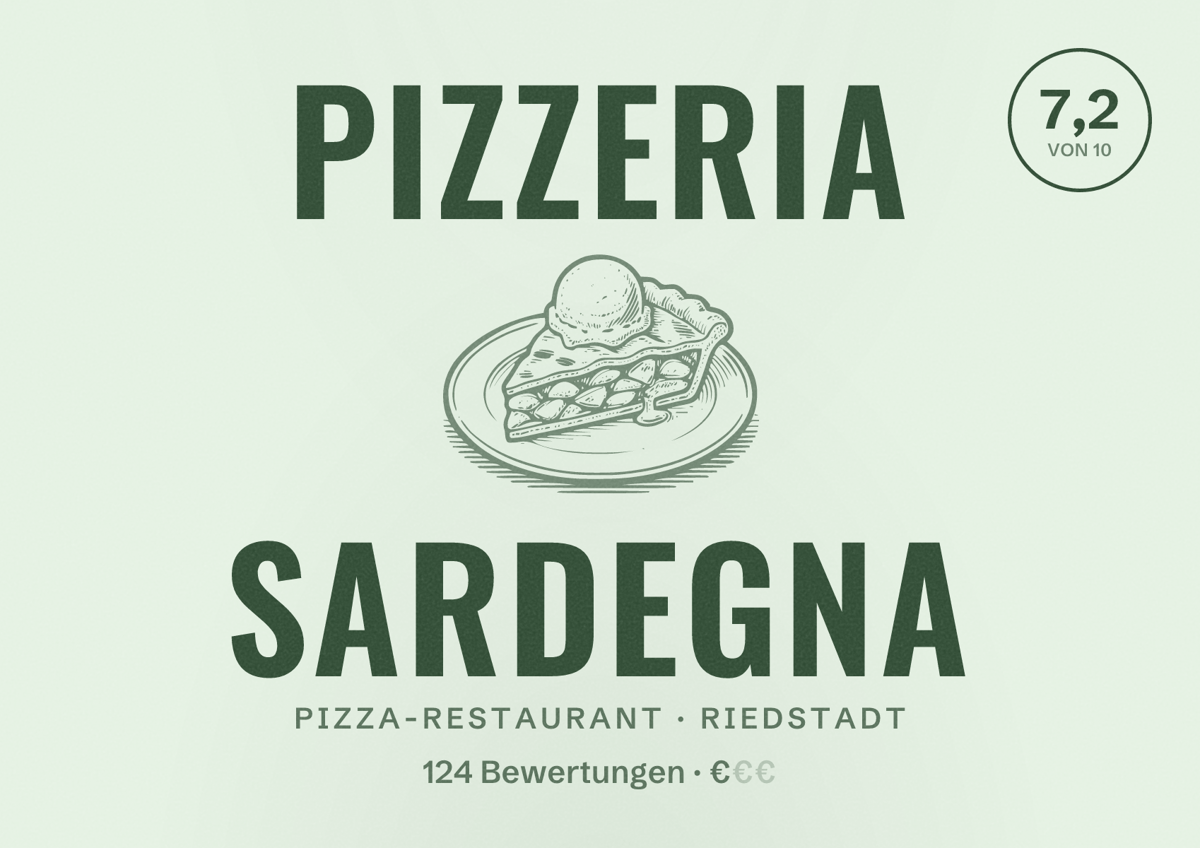 Illustriertes Poster von Pizzeria Sardegna, Pizza-Restaurant in Riedstadt: Bewertung 7,2 von 10 aus 124 Bewertungen, Preisniveau €