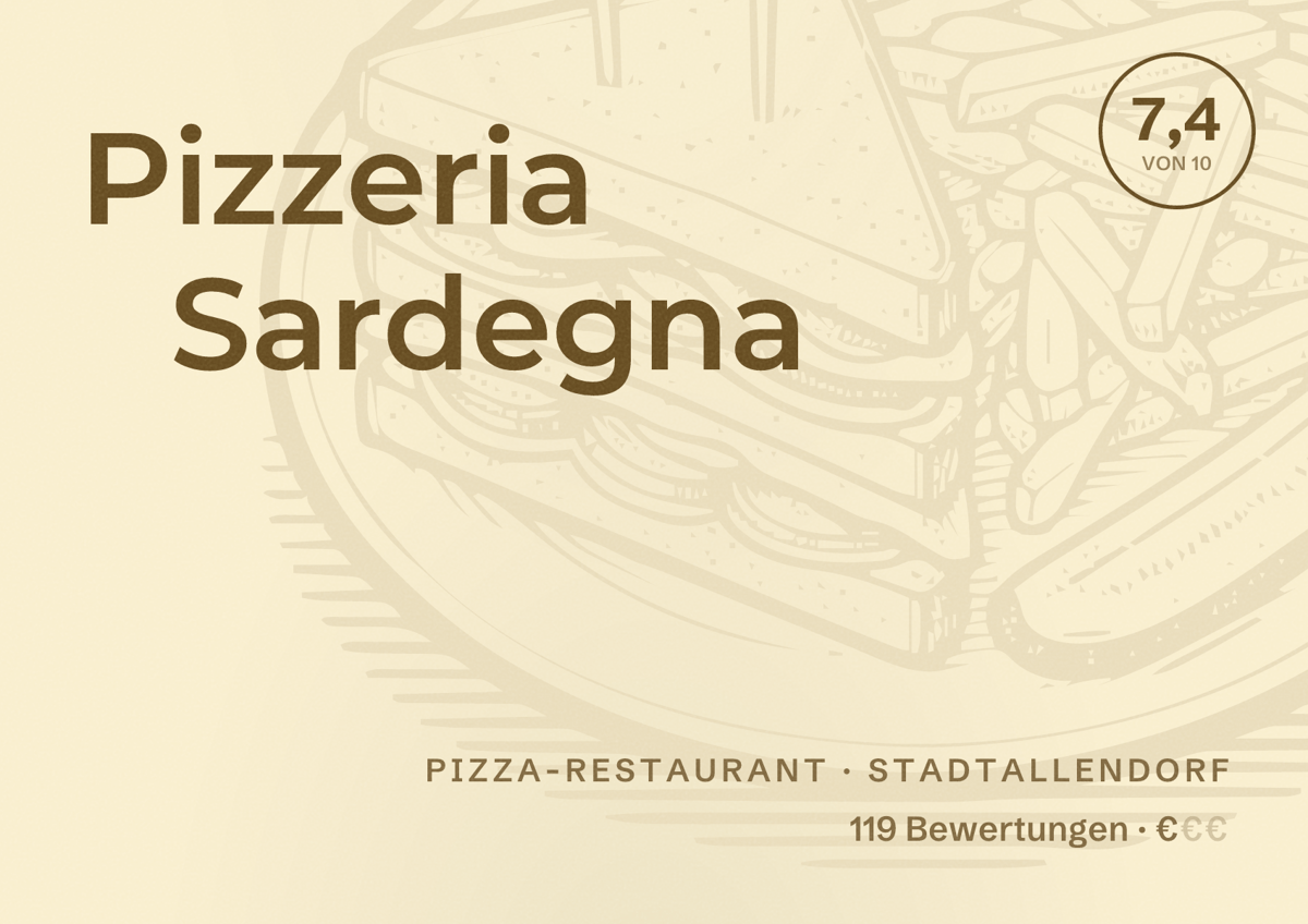 Illustriertes Poster von Pizzeria Sardegna, Pizza-Restaurant in Stadtallendorf: Bewertung 7,4 von 10 aus 119 Bewertungen, Preisniveau €