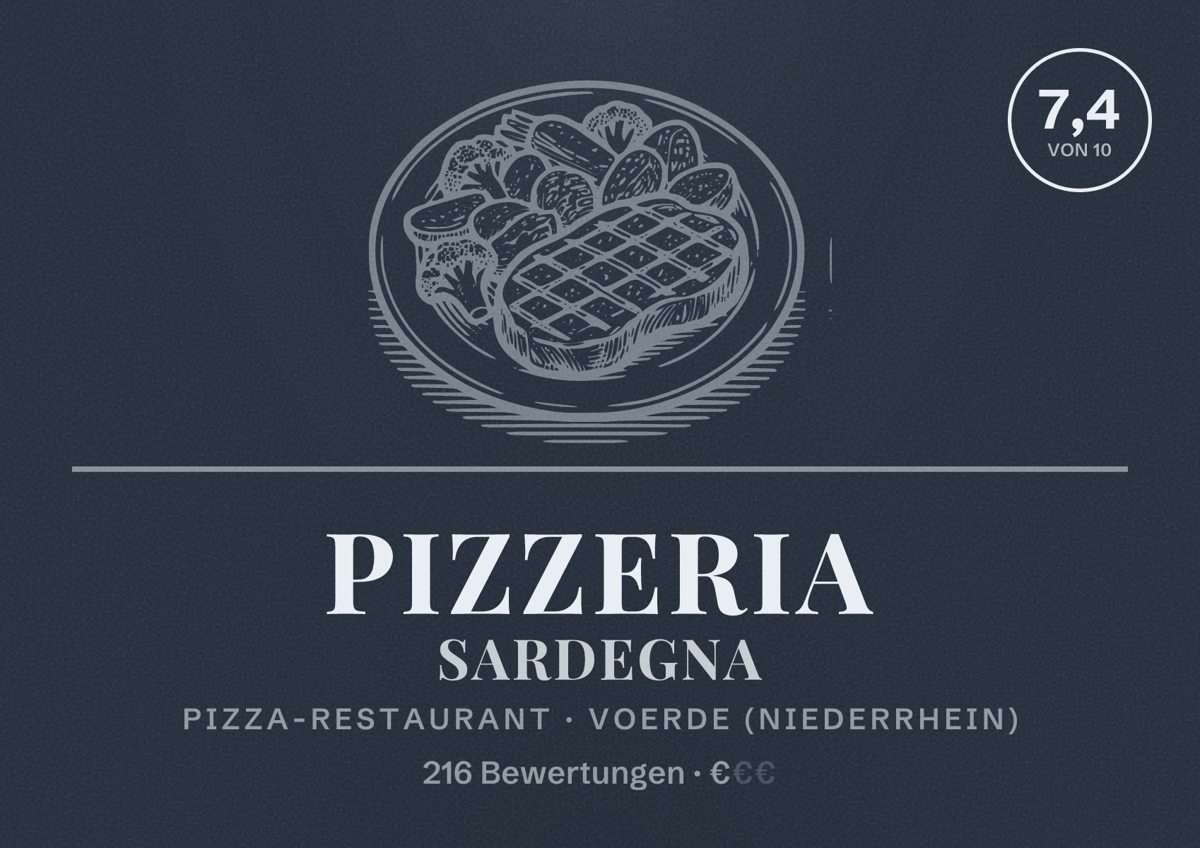 Illustriertes Poster von Pizzeria Sardegna, Pizza-Restaurant in Voerde (Niederrhein): Bewertung 7,4 von 10 aus 216 Bewertungen, Preisniveau €