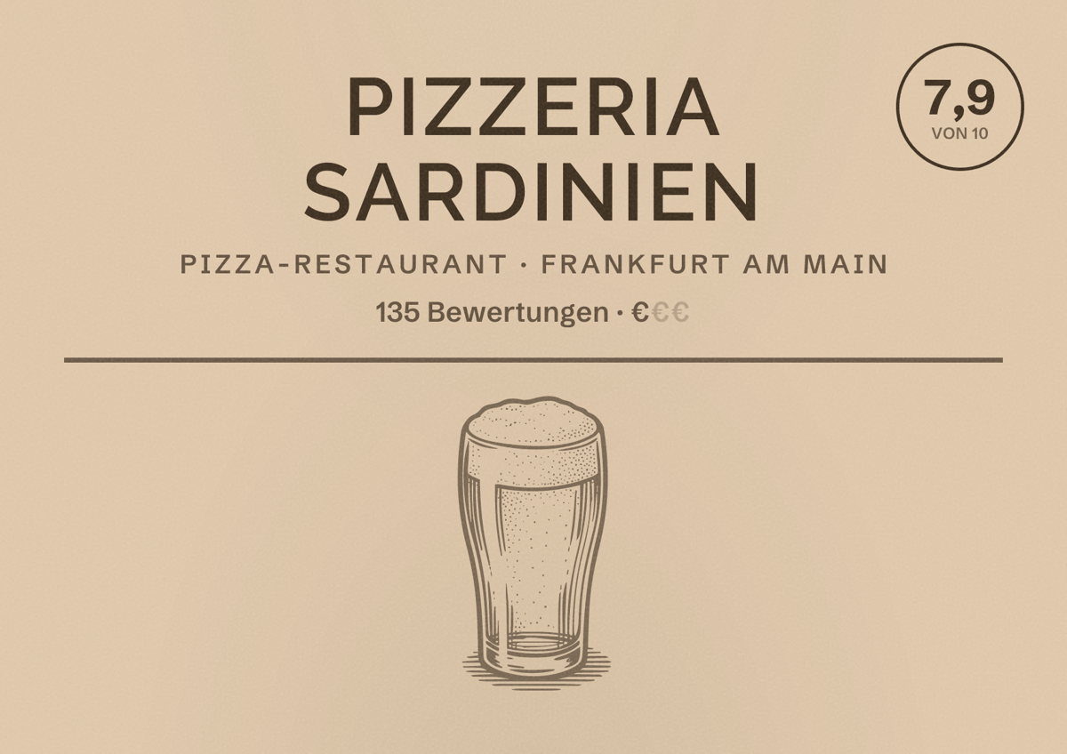 Illustriertes Poster von Pizzeria Sardinien, Pizza-Restaurant in Frankfurt am Main: Bewertung 7,9 von 10 aus 135 Bewertungen, Preisniveau €