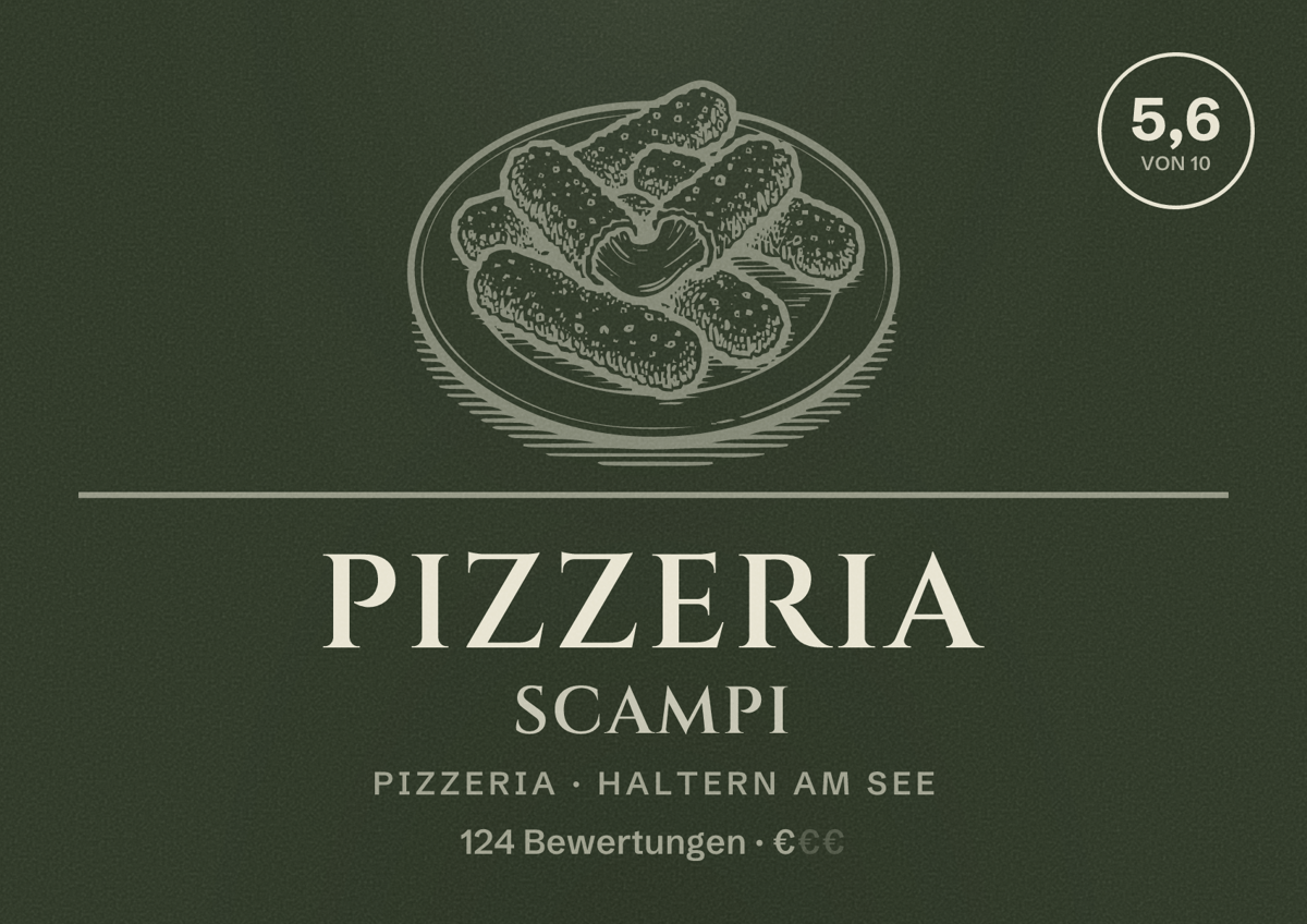 Illustriertes Poster von Pizzeria Scampi, Pizzeria in Haltern am See: Bewertung 5,6 von 10 aus 124 Bewertungen, Preisniveau €