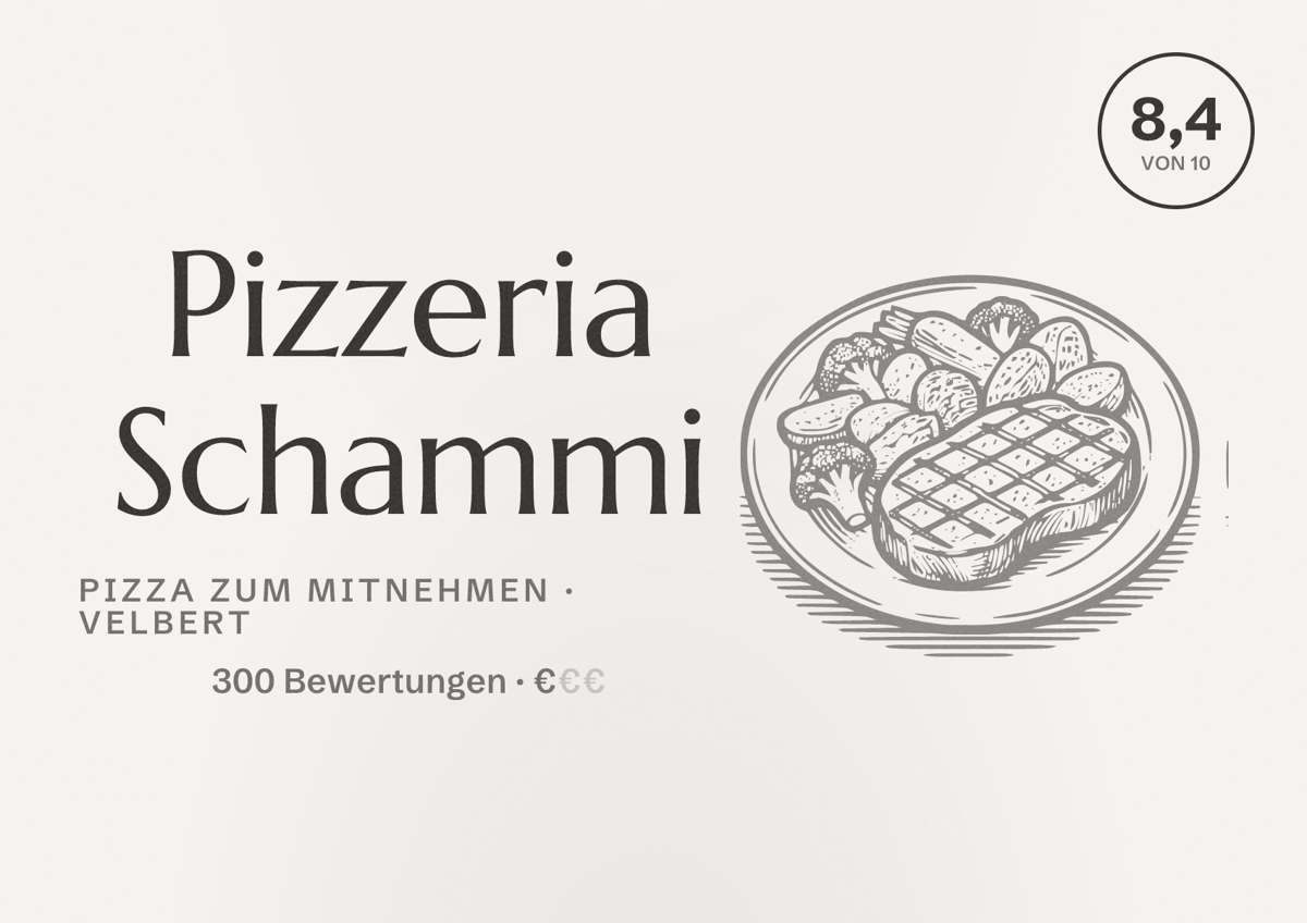 Illustriertes Poster von Pizzeria Schammi, Pizza zum Mitnehmen in Velbert: Bewertung 8,4 von 10 aus 300 Bewertungen, Preisniveau €