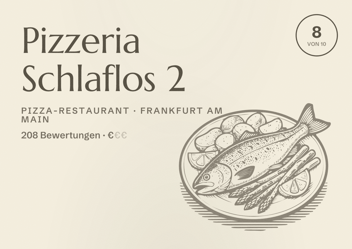 Illustriertes Poster von Pizzeria Schlaflos 2, Pizza-Restaurant in Frankfurt am Main: Bewertung 8,0 von 10 aus 208 Bewertungen, Preisniveau €