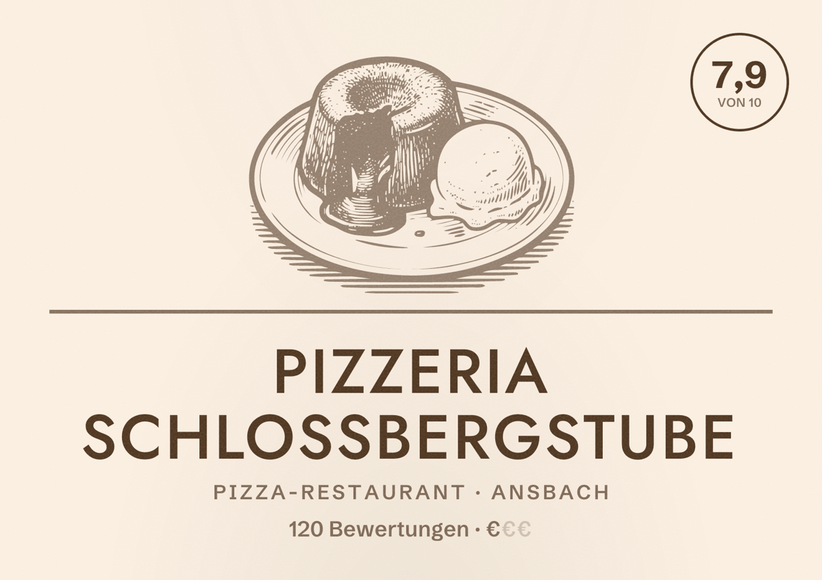 Illustriertes Poster von Pizzeria Schloßbergstube, Pizza-Restaurant in Ansbach: Bewertung 7,9 von 10 aus 120 Bewertungen, Preisniveau €