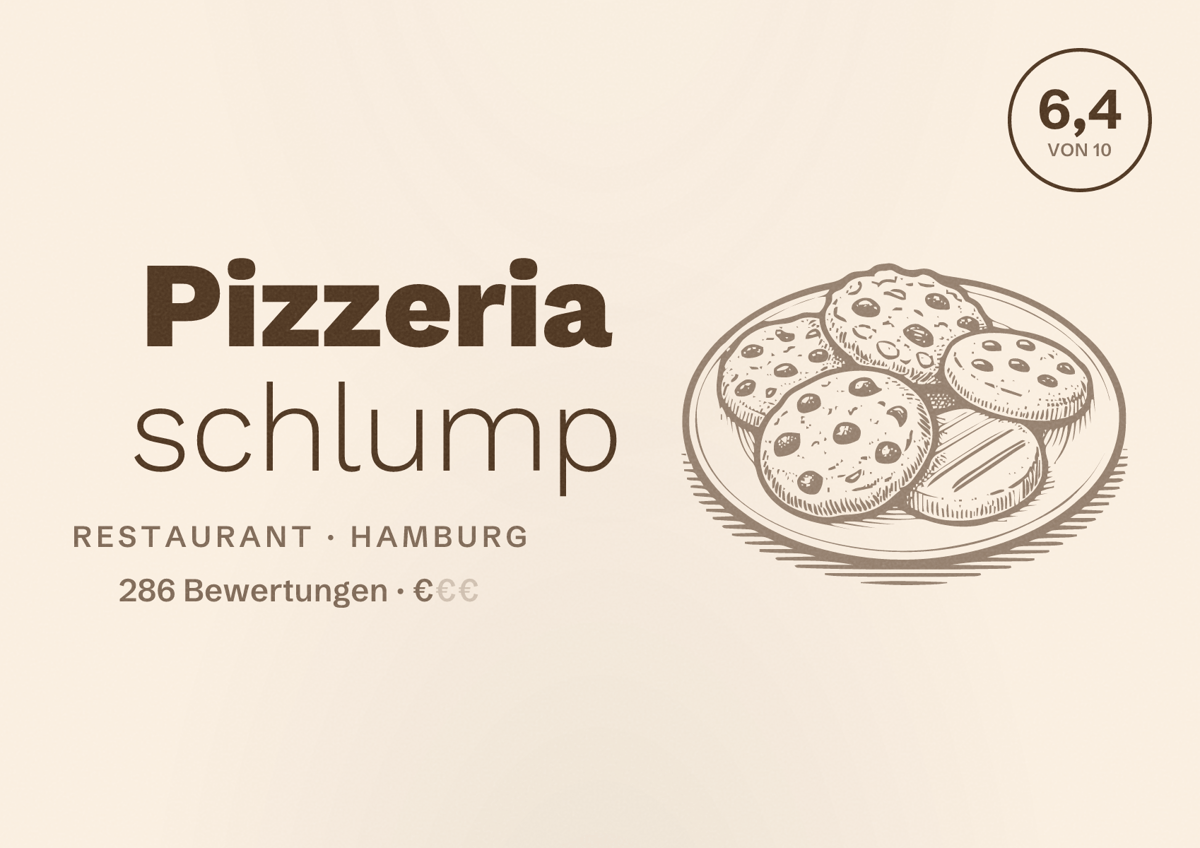 Illustriertes Poster von Pizzeria schlump, Restaurant in Hamburg: Bewertung 6,4 von 10 aus 286 Bewertungen, Preisniveau €
