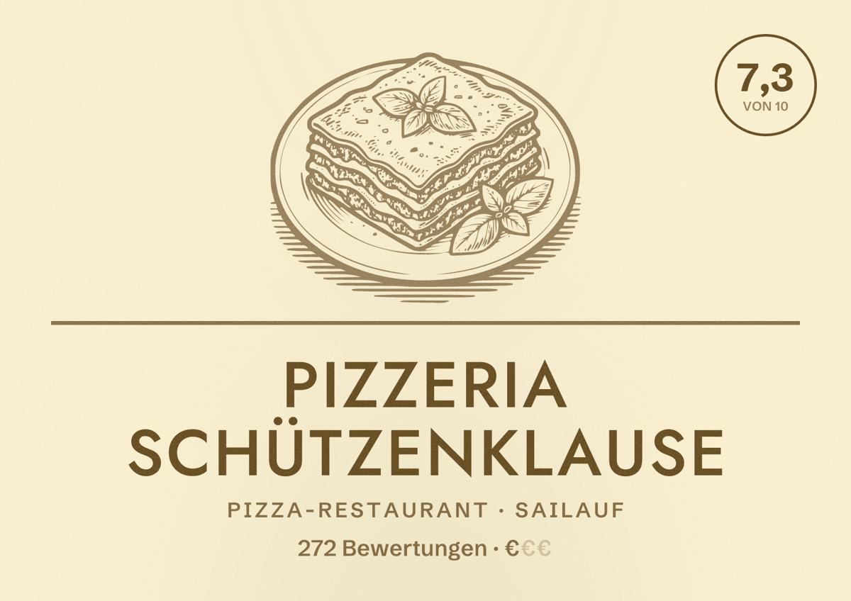 Illustriertes Poster von Pizzeria Schützenklause, Pizza-Restaurant in Sailauf: Bewertung 7,3 von 10 aus 272 Bewertungen, Preisniveau €