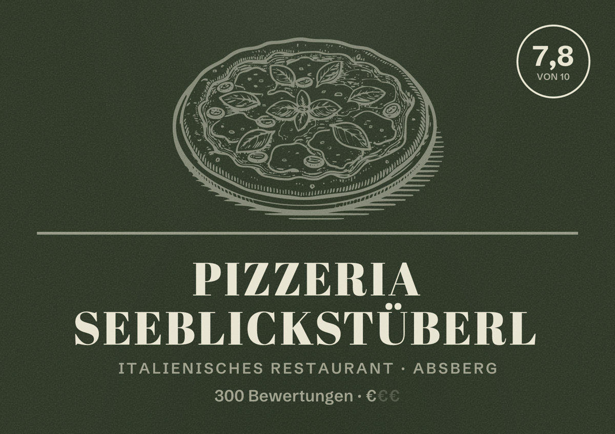 Illustriertes Poster von Pizzeria Seeblickstüberl, Italienisches Restaurant in Absberg: Bewertung 7,8 von 10 aus 300 Bewertungen, Preisniveau €